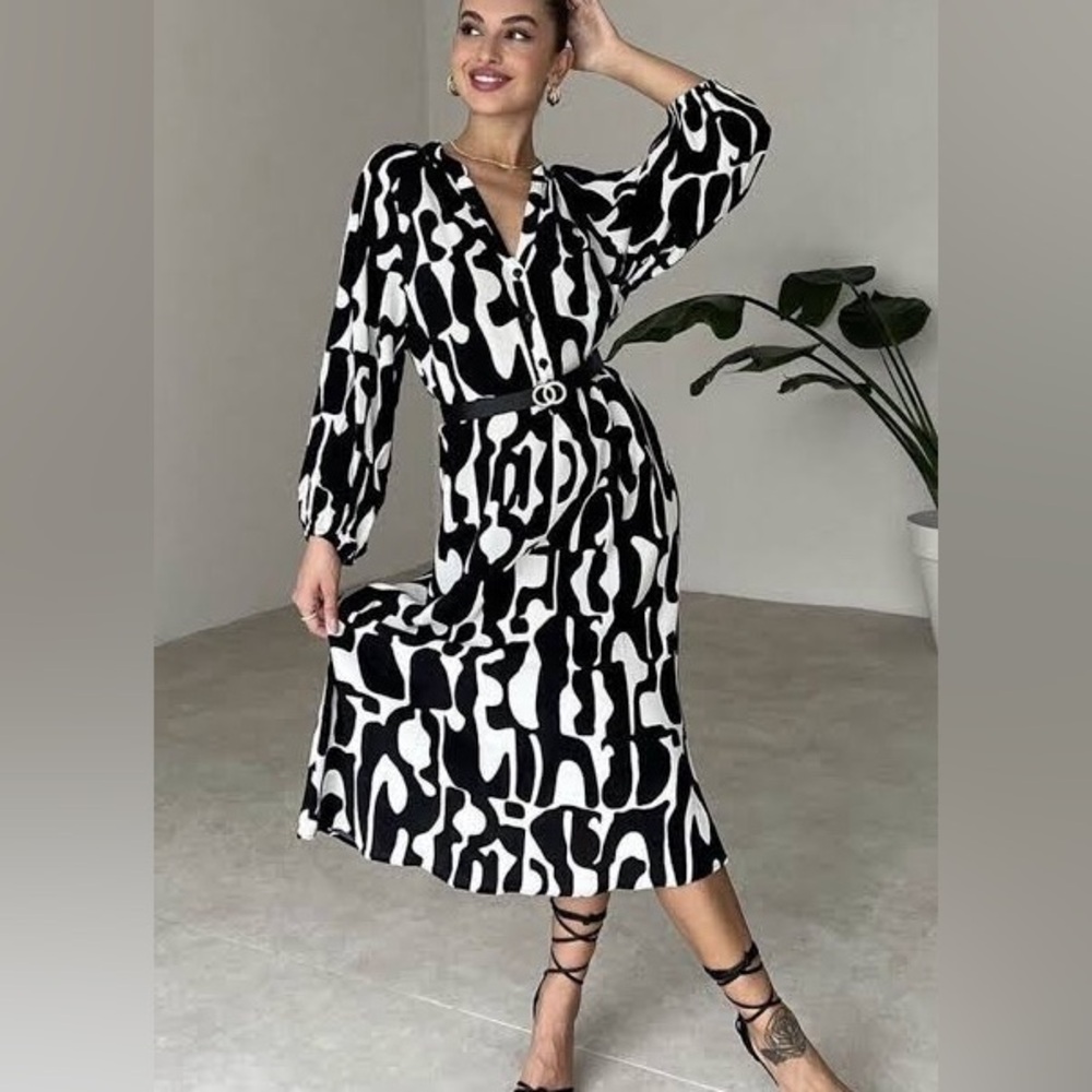 NWOT Zara Black & White Abstract Geo Print beautiful midi Dress.